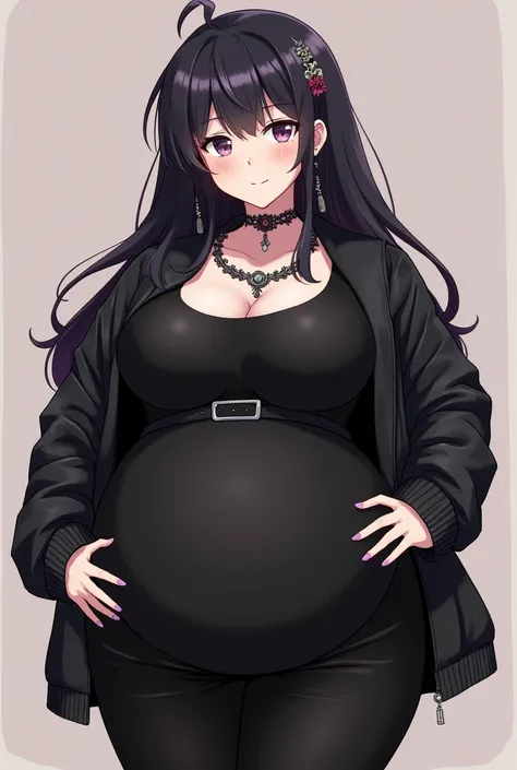 Curvy goth anime girl, overweight fat girl, pretty anime girl, beautiful chubby anime girl, big tummy, huge breasts, wide hips, curvy butt, stomach rolls, stomach bump, fashionable, cool clothes, fun clothes, fashion, accessories, jacket, jewelry, bracelet...