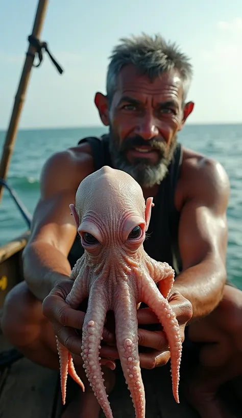 realistic photo, close up front view, Javanese fisherman catch a strange fish with a human head and an octopus body, slimy, on the deck of the ship