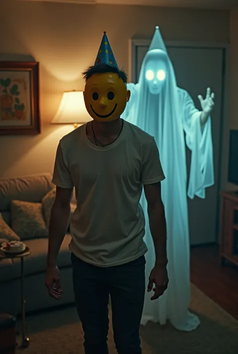 Man wearing a smile mask in his apartment celebrating a birthday with a specter behind him