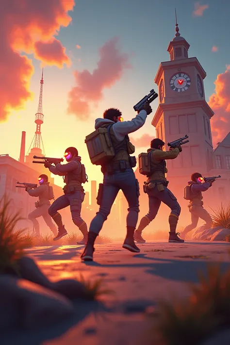 "Create an action-packed Free Fire animation video featuring a team of four elite survivors battling it out in the dynamic Bermuda map. The animation should showcase intense gunfights, strategic gameplay, and fast-paced action. Highlight the teams unique c...