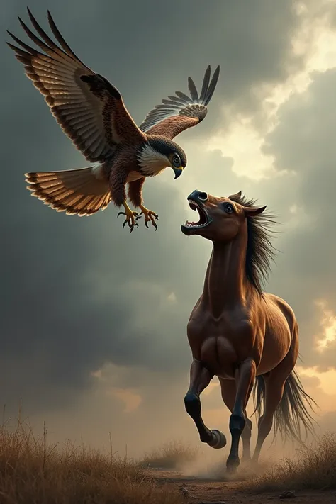  An ultra-realistic scene of an imposing falcon staring at a horse .  The falcon is flying in the air ,  with its claws extended and its detailed feathers , visibly irritated,  with its eyes fixed on the horse in front of it . The horse,  large and muscula...