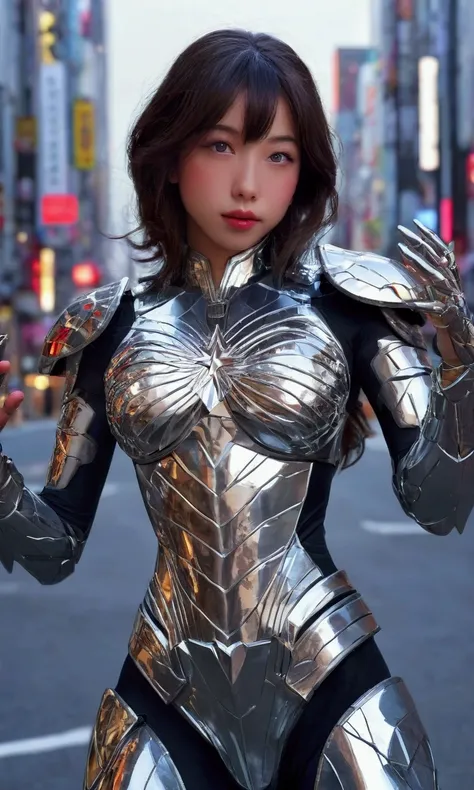 a cute woman, beautiful detailed eyes, beautiful detailed lips, extremely detailed eyes and face, long eyelashes, amazing figure, sexy glowing mirrored armor, star and sun motif, superhero, action pose, firing lasers from palms, battling robots, Tokyo, bes...