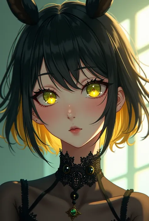 anime,  beautiful young girl, short black hair with golden locks, golden-green eyes , gothic. modern, Idol