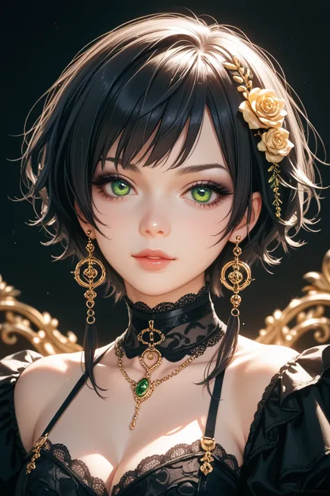 anime,  beautiful young girl, short black hair with golden locks, golden-green eyes , gothic. modern, Idol