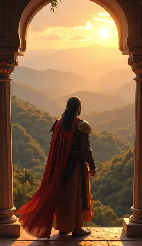 Action: Chunda stands alone, deep in thought, after making the decision.
Background: The palace balcony, overlooking the vast lands of Mewar. Indian realistic 
Camera Movement: Slow zoom-out from Chunda’s silhouette to the expansive view.