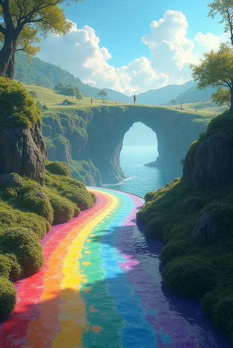  best quality ,   Very detailed、8k、  high definition ,  Scenery、＃ Daily Challenge、 fantasy、A hole in the earth 、The rainbow bridge leading to the hole lets cross the rainbow、