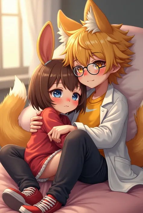 Young adolescent girl with capybara ears with huge breasts extremely shy blushing short-haired brunette bangs blue eyes with a red sweatshirt thigh-length socks and red all-star sneakers alongside a yellow-haired young man with yellow fox ears with 2 yello...