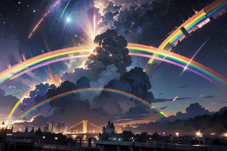 ((Rainbow Bridge))、masterpiece、beautiful、Exquisite、4K、 happy 、In the sky、In the clouds、 Surrounded by Stars and Meteor Showers、 fantasy、Pastel Academia、Art Academia 、 dynamic angle 、 colorful lights、Wide-angle lens