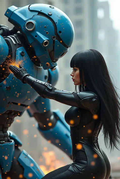 Heres the prompt description in English:

"A futuristic woman with long, straight black hair and bangs, featuring bright blue eyes and a mechanical black steel cybernetic neck. She is wearing a high-tech futuristic suit with black mechanical arms. The scen...