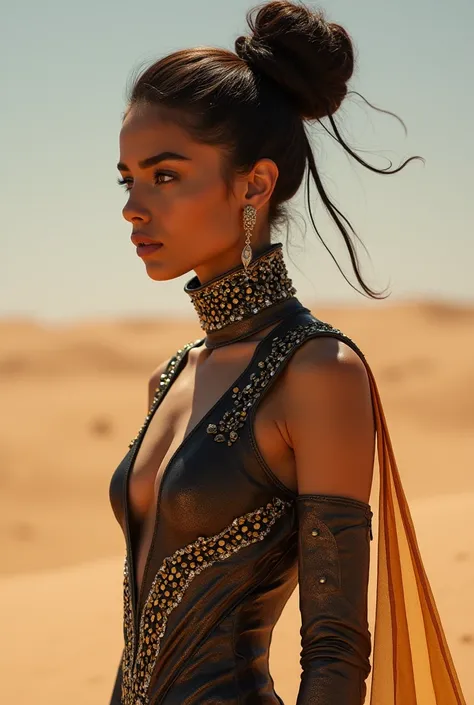 ai, generate some new dunes costumes for a female dune character for the movie, make it look so unique like it’s never before and seen in the dunes universe. It’s just really badass outfits. Remember make it look very dunes centric like it could exist in t...