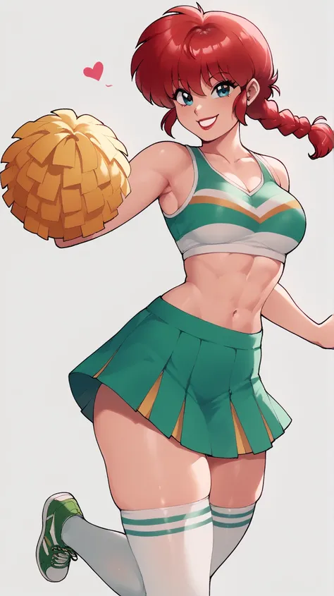 Shampoo from the anime Ranma 1/2, smiling with her very sexy red lips, ranma, red hair, 1girl, solo, blue eyes, braided ponytail  wearing A cheerleader in a super sexy outfit consisting of a tight crop top with a bright green cleavage, paired with a pleate...