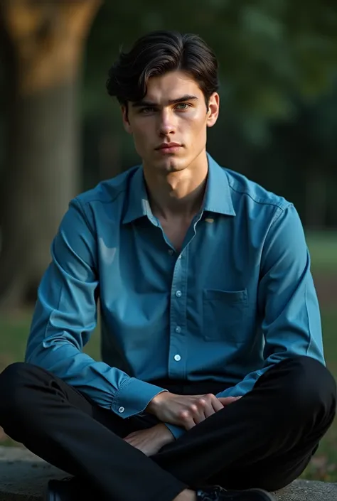 Close-up photorealistic portrait of a 21 year old young English-Welsh man with aristocratic features, sitting cross-legged on a bench, 1D X capture, 85mm f/1.2 lens, shallow depth of field. Chiaroscuro lighting emphasizes weathered skin texture. Soft, diff...