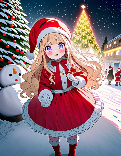 (8K, best quality, master piece: 1.2),super high resolution,1 girl,16yo,solo,ultra-detailed face,detailed eyes,wavy hair,blonde hair,long hair,Santa hat,(santa claus,lolita fashion:1.2),santa boots,full body,toe,(snowman:1.3),(christmas tree:1.3),cute,happ...