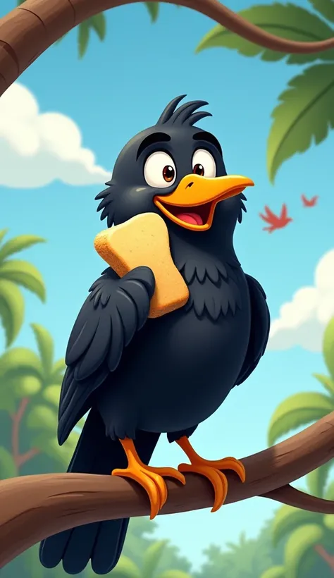 A cartoon-style jet-black crow perched on a tree branch, holding a piece of bread in its bright orange beak with a happy expression. The bread is golden brown and looks fresh. The crow’s eyes are wide with excitement. The background includes the same mango...