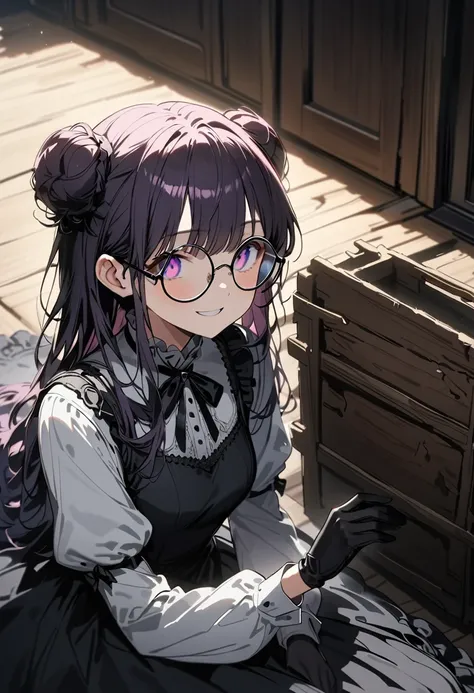 Long purple hair , Wearing black gothic lolita clothes, Gothic Lolita, fullbody, round glasses, Front Light ,Cute 2D, Front lighting 、( for a woman with bristles、masterpiece、 high definition 、 Details)、animeスタイル、 Flat Style 、(Shining Eyes、 Details美しい顔),  1...