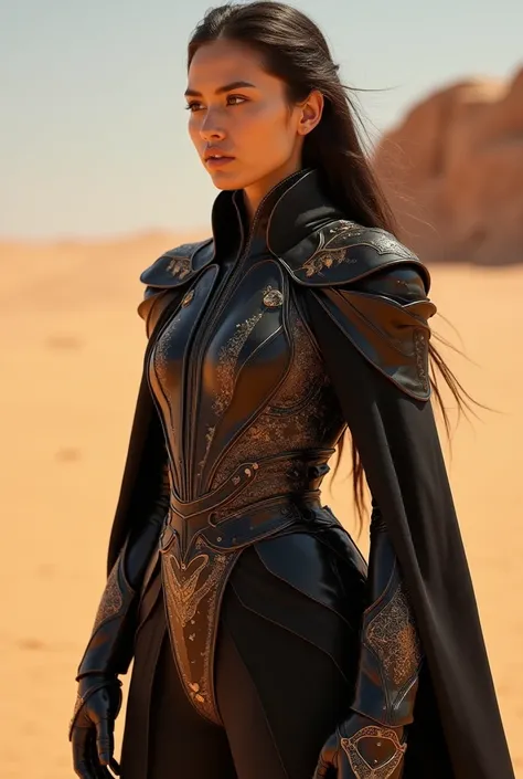 ai, generate some new dunes costumes for a female dune character for the movie, make it look so unique like it’s never before and seen in the dunes universe. It’s just really badass outfits. Remember make it look very dunes centric like it could exist in t...