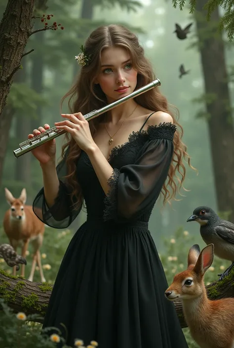 A beautiful young woman with fair skin, brown hair, green eyes, wearing an elegant black dress, playing the flute in a pine forest surrounded by animals