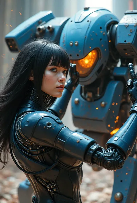 Heres the prompt description in English:

"A futuristic woman with long, straight black hair and bangs, featuring bright blue eyes and a mechanical black steel cybernetic neck. She is wearing a high-tech futuristic suit with black mechanical arms. The scen...