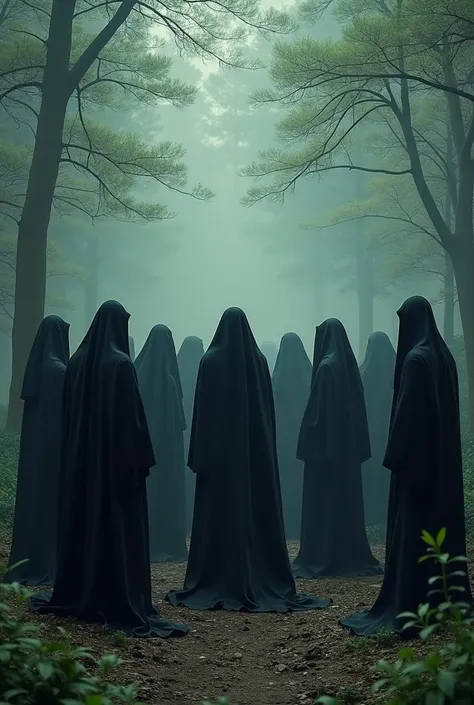 congregation of dark beings in black robes on a cool afternoon with many trees around