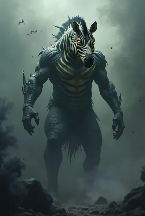 create a realistic photo Design a zebra and crocodile fusion with glowing eyes and intertwined scales and fur, exuding raw, terrifying power, Around him there is smoke from the black magic he used 