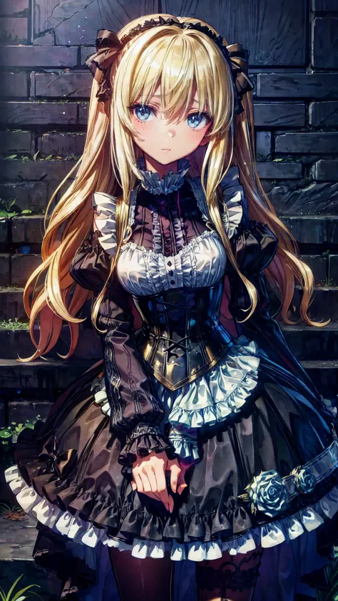 (((gothic))), tree々Woman standing on a street surrounded by 、 A fascinating scene ,   Decorate with hair accessories   、   pose is medium length   ,   wavy blonde hair  ..。.。Super mini skirt with frills, s expression is natural , calm expression .   wearin...