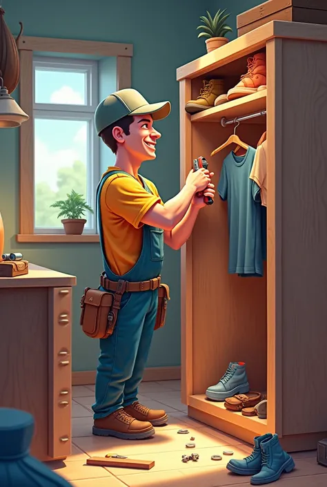 Cartoon 3d of a  man Furniture fitters  labor day make closet for shoes and t-shirts with your hands a screwdriver, illustrated in a vibrant 3d cartoon workshop environment with a dynamic view, rendered with 3d cartoon style