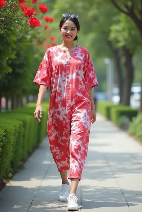  beautiful women Pakistan-korea fair skin charming medium fat , wear knee-length kaftan short sleeve  tie-dye biru hitam motif , white sports shoes ,  sunglasses over head , smile sweetly.  Beautiful eyes and red lips ,  hair low bun  , wear white shoes , ...