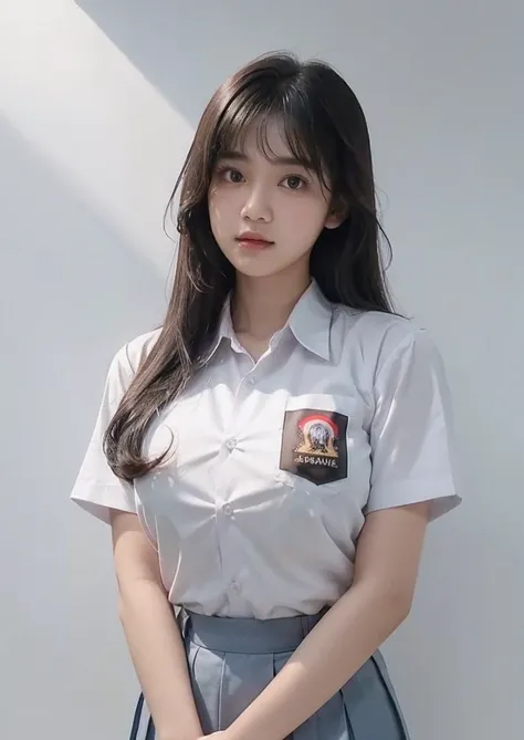 1 woman, , full fringe long hair, voluptuous body, black eyes, Indonesian high-school uniform, white shirt, osis logo on shirt pocket, large breasts, grey pleated skirt, half-shot, innocent, 