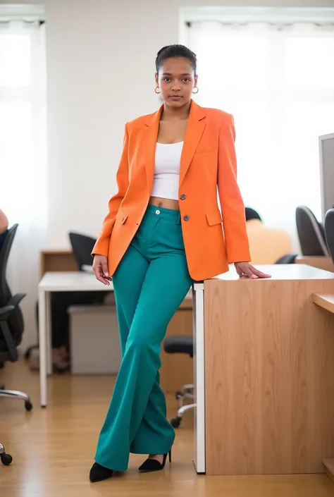 A fashionable office worker stands confidently next to a shared workspace desk in an open office with soft natural light diffused through sheer white curtains. She wears a sleek orange blazer over a fitted white tank top, paired with tailored teal trousers...