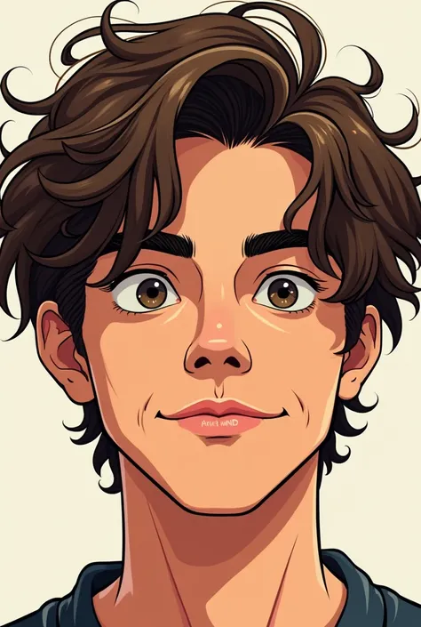 Create a drawing of a handsome guy around 18 years old with brownish hair, hes looking straight at the front, he has careless look on his face, show only his face, he has messy brownish hair, in a comic style