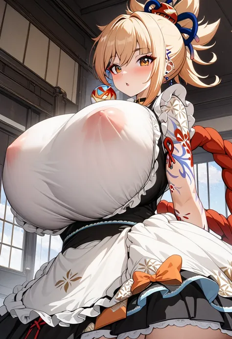 8k, masterpiece, best quality, ultra detailed, Ultra-high resolution, Highly detailed CG, break, 1girl, yoimiya(genshin impact), kawaii, nsfw, gigantic breasts, (maid clothes:1.2), full body, indoors, standing