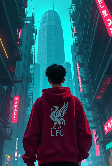 Ilustrasi full digital cyberpunk dengan Suasana kota jakarta di malam hari pada tahun 2300 terlihat gedung gedung tinggi futuristik dihiasi neon merah , hijau, biru, purple, terlihat sosok pria mengenakan Hoodie merah berlogo Liverpool FC , dengan sudut bi...