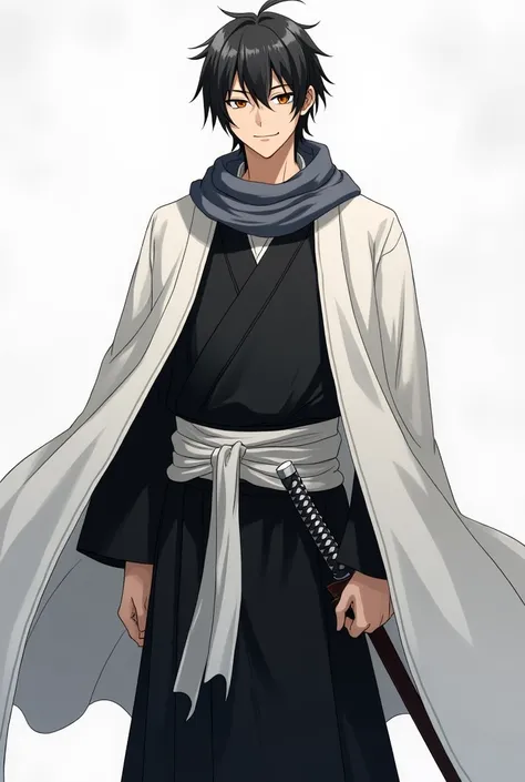  created for me a tall bleach captain,  with a white long-sleeved cloak that falls over the hands and opens,  simple katana wrapped around the waist ,  medium straight black hair , And black kimono , with a smile,  in front , with a long scarf around his n...