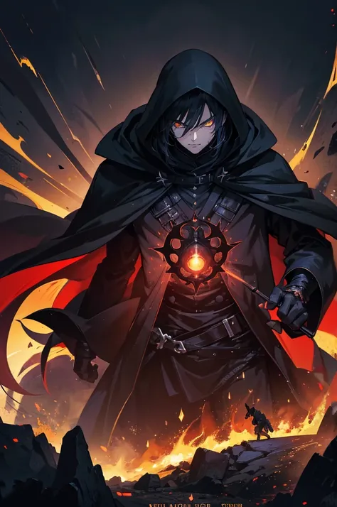 a man in a black cloak with golden eyes, extremely detailed facial features, fighting a demonic creature, night city background, fierce eyes and powerful aura, anime style, cinematic lighting, dramatic atmosphere, dynamic composition, vivid colors, high re...