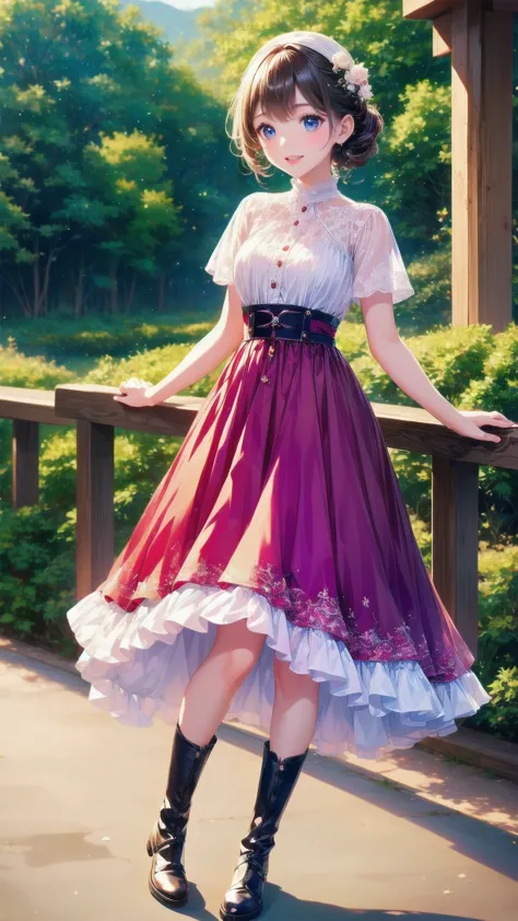 、 beautiful girl、とてもcute天使、 pink gothic dress 、cute、baby face、smile、 long skirt、 black long boots 、