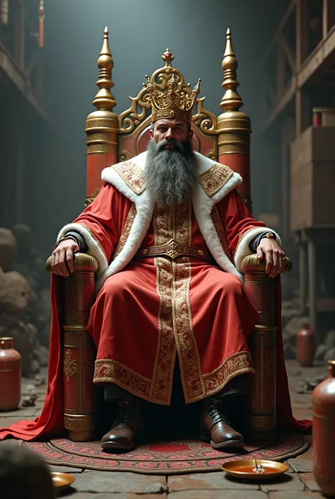 A king sitting on top of gas cylinders to cook using it as if it were a throne.