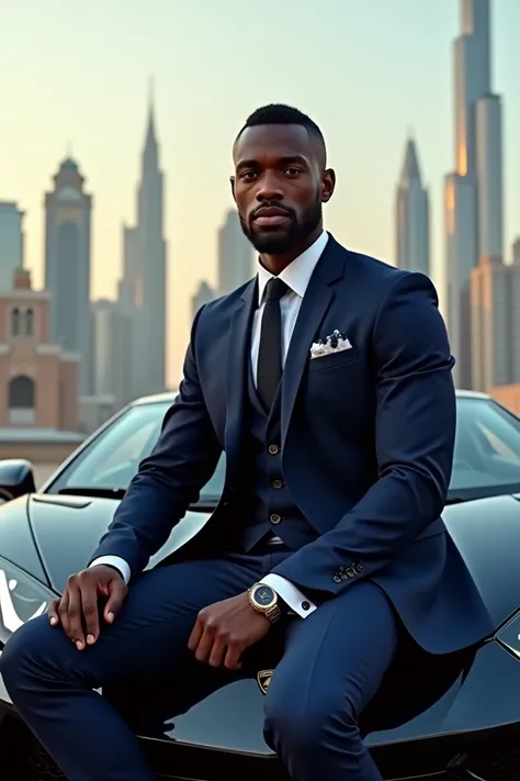 dark-skinned man,  short black hair,Formido, wearing an elegant jacket and tie , Navy blue,  sitting on a Lamborghini and in the background the city of Dubai 