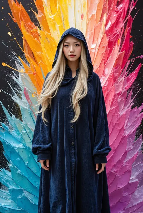 A fusion of acrylic and collage painting, Tall and beautiful works of art,  1 goddess of destruction riding neon-colored cosmic rays wearing hooded robes, Shatters the space around you into rainbow-colored glass, Ivory Wave Two Side Up Hair, フード付きのローブを着ている...