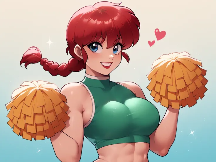 Shampoo from the anime Ranma 1/2, smiling with her very sexy red lips, ranma, red hair, 1girl, solo, blue eyes, braided ponytail  wearing A cheerleader in a super sexy outfit consisting of a tight crop top with a bright green cleavage, paired with a pleate...