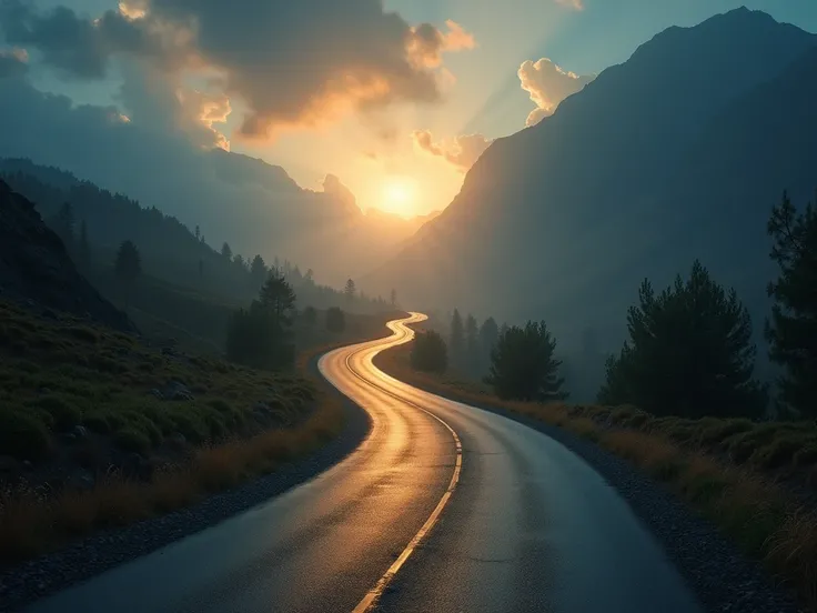 Create a scene of a winding road surrounded by challenges, leading to a glowing destination, representing the trust needed in Gods timing for dreams to come true. Aspect ratio 16:9, cinematic suspense.