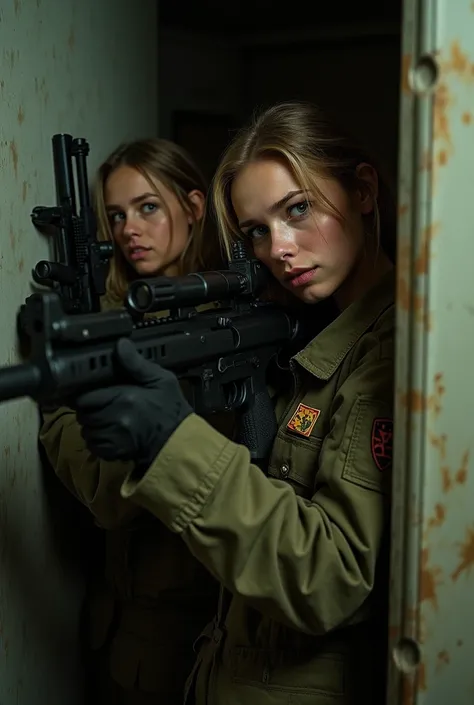 8k, Photorealistic、Realistic skin texture、A 2 beautiful Polish women in the United States Marine Corps,  both holds a (SIG SAUER sand XM7 assault rifle), aiming from around corner, , only in military underwear, army barracks, night , suprise attack, 、Tired...