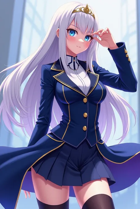 A feminine body with a lot of anime curves, with long white hair and blue eyes, With uniform from the UA Academia de Heróóis school without being vulgar 