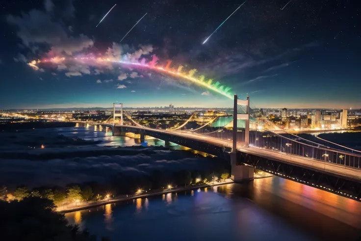 a beautiful, stunning, magnificent rainbow bridge, surrounded by clouds, stars and shooting stars, in a fantasy pastel art style, with dynamic camera angle, colorful lighting, 4k, best quality, masterpiece