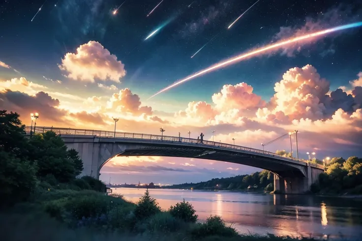 a beautiful, stunning, magnificent rainbow bridge, surrounded by clouds, stars and shooting stars, in a fantasy pastel art style, with dynamic camera angle, colorful lighting, 4k, best quality, masterpiece