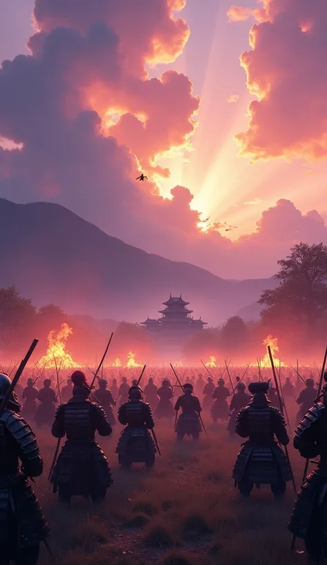 A grand battlefield set in Japan’s Sengoku era. Surrounded by vast plains and majestic mountains, armored samurai warriors engage in fierce combat. In the background, flames and smoke rise dramatically into the sky, which glows with surreal and magical hue...