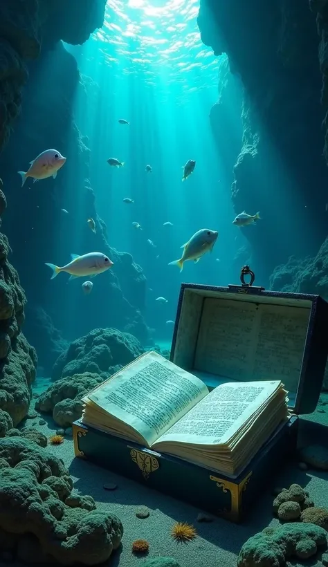 A magical seabed where bioluminescent fish swim among ruins of ancient civilizations. An open chest reveals intact, detailed books with writings in unknown languages. Rays of light penetrate the water, creating an ethereal effect.