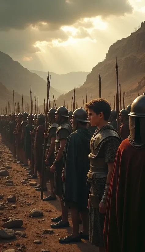  A powerful scene showing the Israeli army lined up and ready for battle against the Philistines in a dramatic valley setting. The Israelites are gathered in tight formation, holding their shields up high, with their spears at the ready. Their armor is mod...