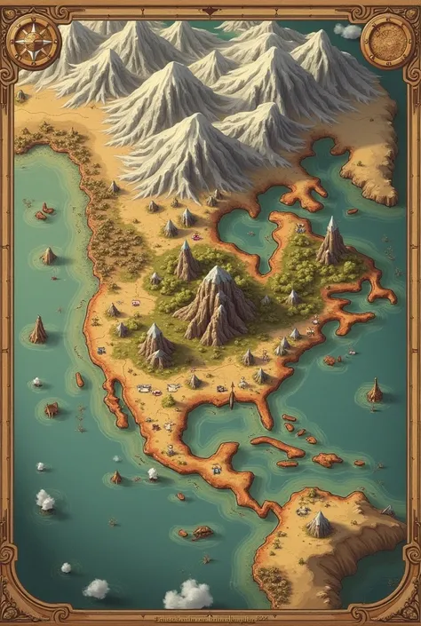 MAP, Map of a fantasy continent，In the middle of the map is the country of humanity, montains and hill，To the north is where the dwarves of the Land of Ice and Snow live, desert, To the east is the forest