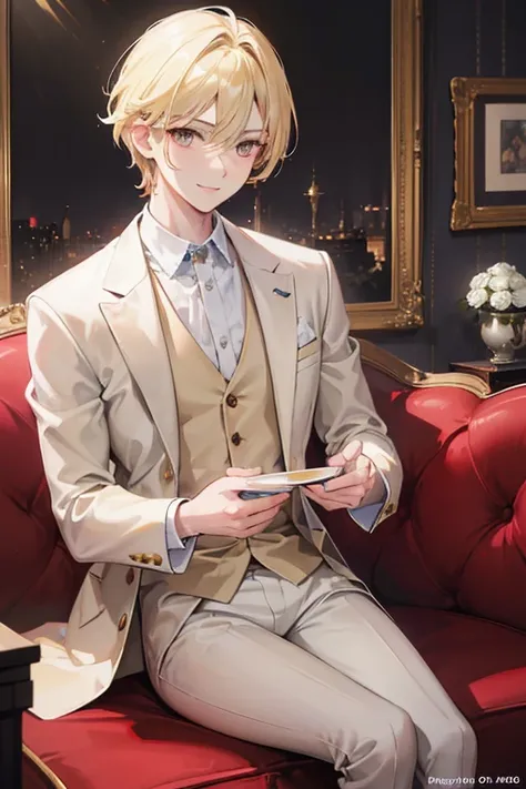 ( masterpiece , high resolution,  :1.0), (1 boy, 28yo male), perfect male body ,  extremely detailed CG ,  wallpaper 8k , Complicated details, only people, detailed face,(blonde Hair ,  golden eyes , white shirt, brown suit, holding teacup,  Sit on couch, ...