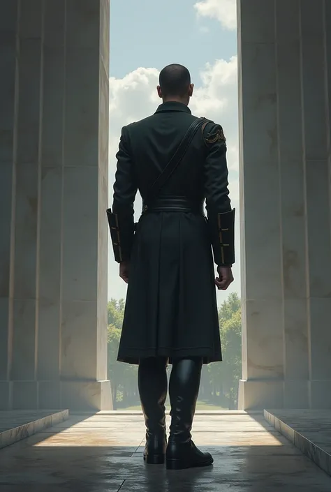 LOOKS LIKE AN ELITE ARMY COMMANDER ,  standing facing back .  HAS THE TOMB OF THE SOLDIERS OF HIS MEN. hands clenched